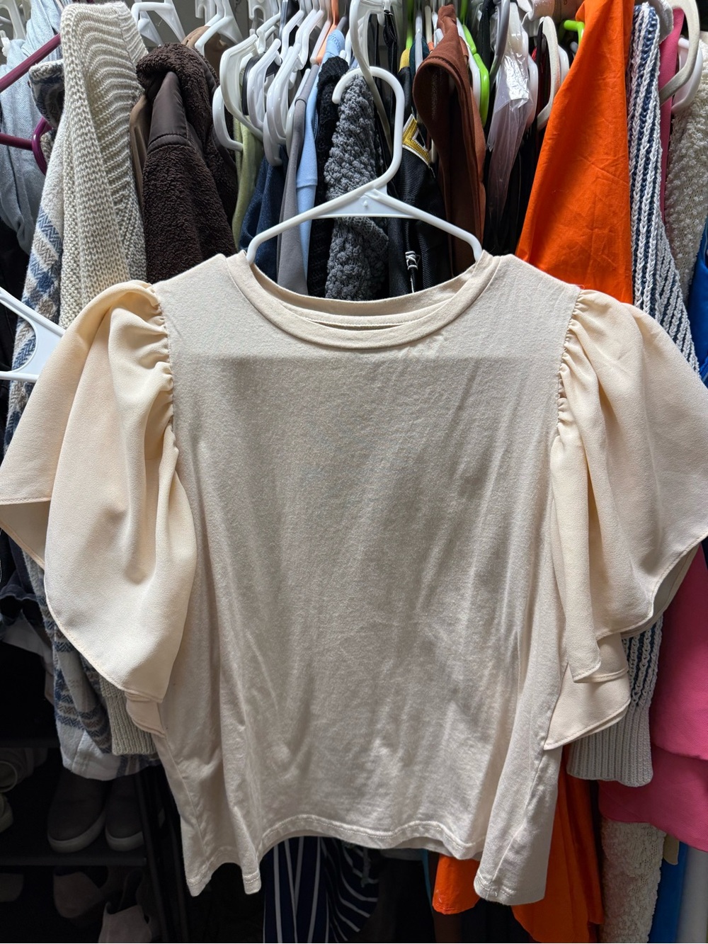 Puff-Sleeve Cream Blouse with Feminine Ruffle Detail